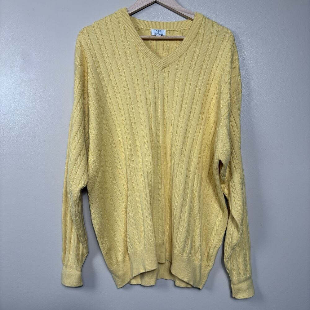 Maus & Hoffman Mens Pima Cotton Cable Knit Sweater Yellow V-Neck XXL Preppy